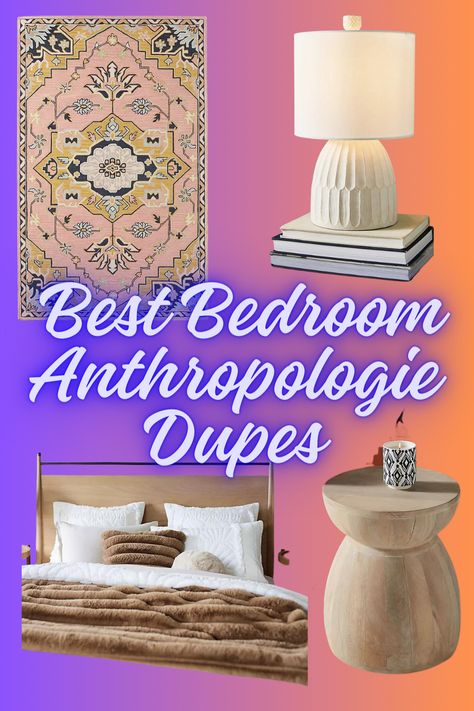 Anthropologie Dupes for your bedroom like rug, nightstand, dresser, and pillows Interior Design High Ceiling, Taryn Aesthetic, Anthropologie Bedroom Inspirations, Anthropology Bedroom, Anthropologie Bedroom, Anthropologie Furniture, Anthro Style, Luxurious Bedding, Bedroom Ideas Aesthetic