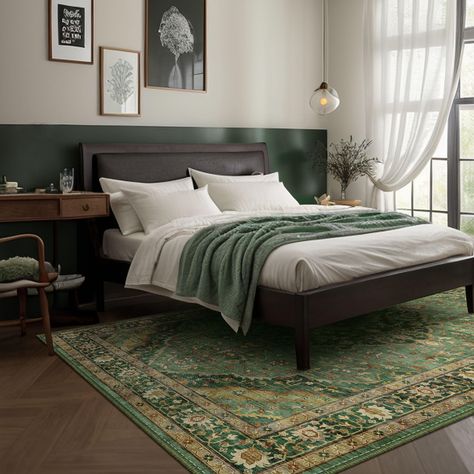 British Inspired Bedroom, Well Lit Bedroom, Forest Green Master Bedrooms Decor, Shades Of Green Bedroom, Green Carpet Bedroom, Cozy Mid Century Modern Bedroom, Large Master Bedrooms Decor, Moody Green Bedroom, 5 X 7 Rug