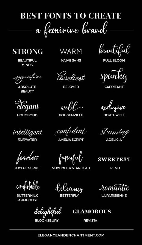 Searching for the perfect feminine font for your brand identity? Here's a roundup of twenty fabulous typefaces. // From Elegance and Enchantment Dainty Fonts For Tattoos, Best Fonts For Logos Brand Identity, Best Tattoo Fonts For Women, Phonto Fonts Edit, Handwriting Aesthetic, Tattoo Karma, Aesthetic Lettering, Font Tato, Logos Brands