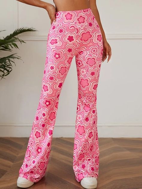 SHEIN Floral Print Flare Leg Pants | SHEIN USA Bell Bottom Trousers, Flower Pants, Printed Flare Pants, High Waist Yoga Pants, Printed Wide Leg Pants, Rave Festival, High Waist Fashion, Flare Leg Pants, Bell Bottom Pants