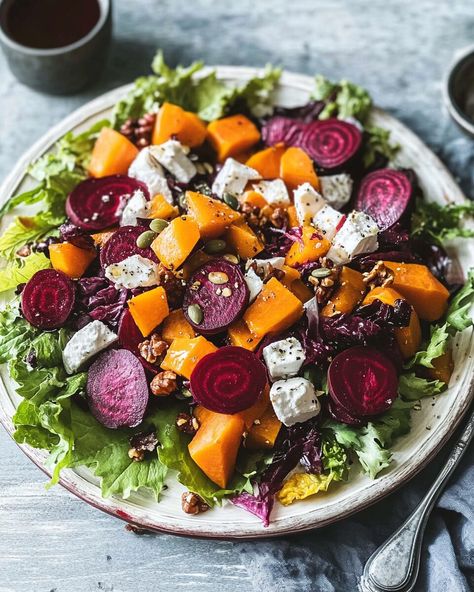 This Butternut and Beetroot Salad brings together the best of autumn’s harvest with roasted vegetables, creamy goat cheese, and crunchy candied pecans. It’s an ideal mix of textures and flavors, balancing the earthiness of beets with the slight sweetness of butternut squash, finished with the sharpness of red onion. Perfect […] Beet Butternut Squash Goat Cheese Salad, Banana Chia Pudding, Creamy Goat Cheese, Simple Vinaigrette, Beetroot Salad, Red Onion Salad, Pear Salad, Candied Pecans, Roasted Butternut Squash