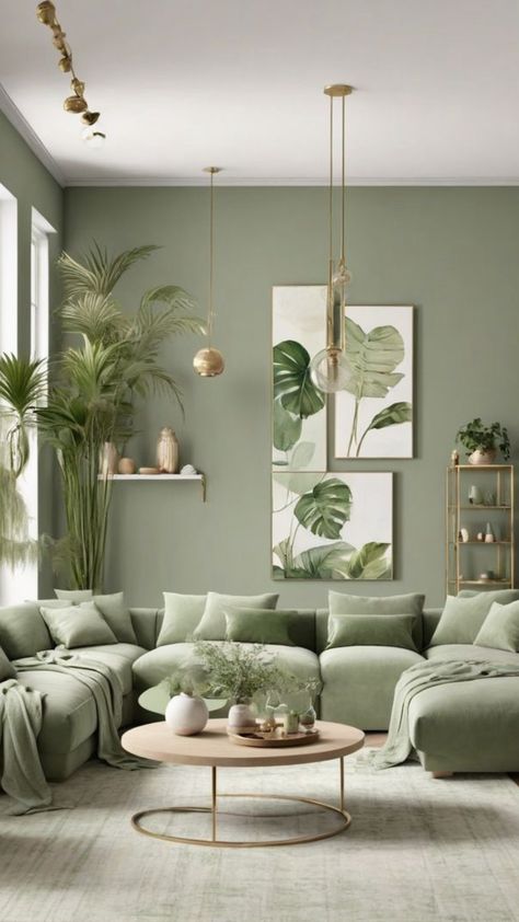 Green Gold Wood Living Room, Green Interior Design Aesthetic, Green Pallet Color Living Room, Living Room Designs Green Accents, Boho Green Living Room, Sage Green Lounge, Living Room With Accent Wall, Green Wallpaper Living Room, Sage Green Couch