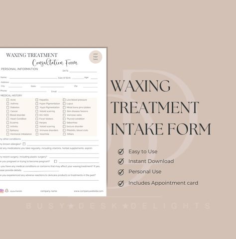 Waxing Aftercare, Esthetician Forms, Client Intake Form, Skincare Business, Intake Form, Appointment Card, Consent Forms, Appointment Cards, Professional Skin Care Products