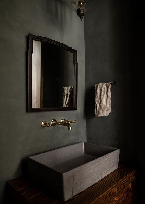 Powder Room Amber Interiors, Brass Shelving, Vintage Leather Chairs, Limewash Walls, Mountain Dream Homes, Ann Sacks Tiles, Green Vanity, Powder Bathroom, Custom Front Doors