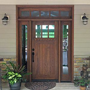 Exterior Door. Shaker style wood door with two sidelites and a transom Mahogany Front Door With Sidelights, Craftsman Front Door With Sidelights And Transom, Shaker Front Door With Sidelights, Entry Door With Sidelights And Transom, Arts And Crafts Front Door, Wood Grain Front Door, Craftsman Front Door With Sidelights, Front Wooden Door, Front Doors With Glass Panels