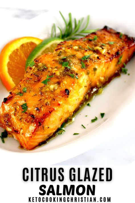 This incredibly delicious Citrus Glazed Salmon brings together the tangy freshness of citrus with the tender flakey goodness of salmon. It's perfect for a busy weeknight meal when you're short on time! #ketosalmon #glazedsalmon #salmonrecipes Salmon Citrus Recipes, Salmon With Orange Sauce, Citrus Herb Salmon, Orange Sauce For Fish, Citrus Glazed Salmon, Citrus Salmon Recipes, Lemon Sauce For Salmon, Salmon Dinners, Citrus Salmon