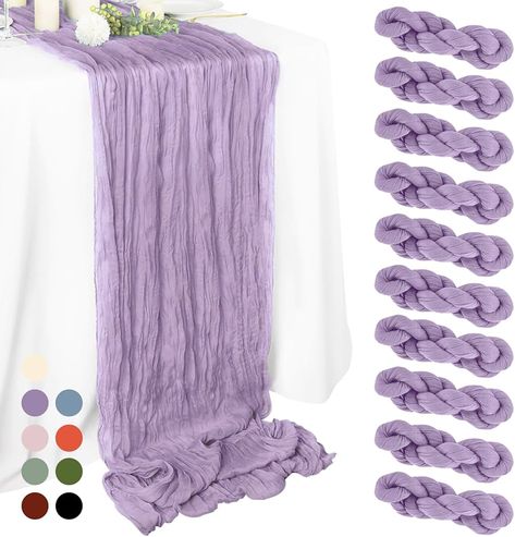 Amazon.com: 10 Pack Lavender Cheesecloth Table Runner 10Ft Gauze Cheese Cloth 35x120 Inch Purple Table Runner Romantic Table Runner Long Table Cloth for Wedding Bridal Shower Thanksgiving Summer Decoration : Home & Kitchen Purple And Green Table Decorations, Purple Runner Wedding Table, Purple Table Decorations Wedding, Lavender Party Ideas, Bridgerton Table Setting, Purple Baby Shower Ideas, Long Table Cloth, Purple Table Decorations, Purple Table Runner