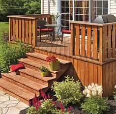 Beefy wide steps to deck Wood Deck Designs, Patio Images, Patio Railing, Laying Decking, Deck Privacy, Patio Deck Designs, Deck Designs Backyard, Deck Designs, Patio Inspiration