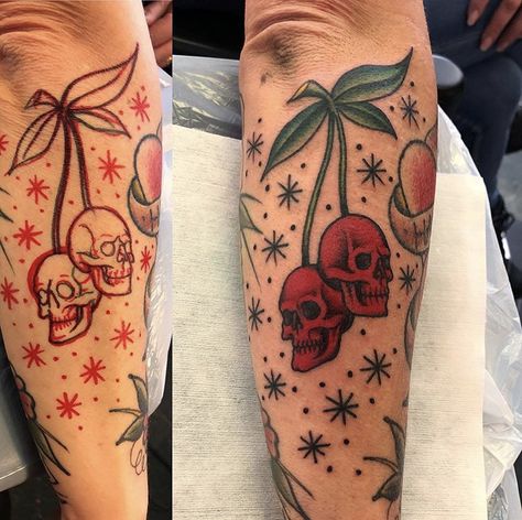 Funny Unique Tattoos, Cherry Skull Tattoo Traditional, Skeleton Mushroom Tattoo, American Traditional Tattoos Horror, Cherry American Traditional Tattoo, American Traditional Cherries, Kawaii Traditional Tattoo, American Traditional Cherry Tattoo, Funny American Traditional Tattoo