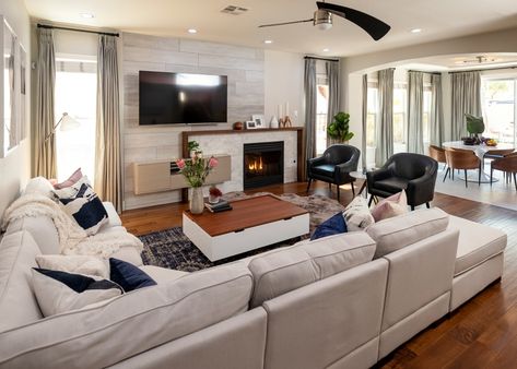 Property Brothers Designs Living Room, Offset Fireplace, Property Brothers Designs, Property Brothers Forever Home, Bypass Barn Door Hardware, Budget Remodel, Drew Scott, Property Brothers, Floor Layout