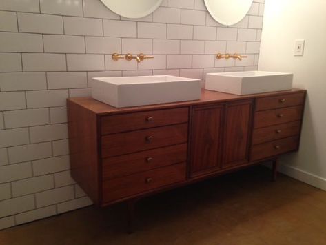 Mid-Century Modern Dresser to Double Vanity Close To Me, Mid Century Modern Dresser, Main Bathroom, Modern Dresser, Be Honest, Double Vanity, Bathroom Ideas, Century Modern, Bathroom Vanity