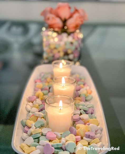 EASY PEASY VALENTINE'S DAY HOME DECOR – SIMPLE & INEXPENSIVE, BUT FESTIVE Galentines Party Set Up, Valentines Themed Baby Shower Ideas, Coquette Galentines, Sweetheart Candies, Church Valentines, Valentine Day Table Decorations, Galentines Day Ideas, Valentines Brunch, Sweetheart Candy