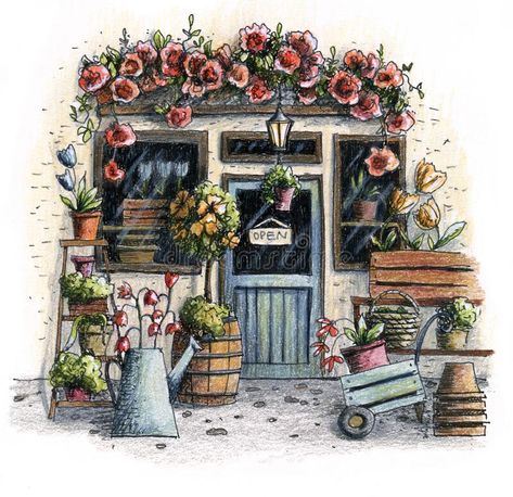 Flower Boutique Drawing, Flower Shop Doodle, Flower Seller Drawing, Flower Market Drawing, Flower Shop Sketch, Flower Shop Drawing, Flower Shop Aesthetic Drawing, Flower Shop Drawing Illustrations, Flower Shop Painting