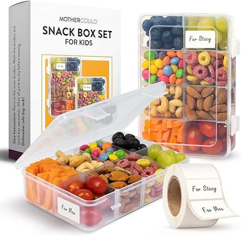 Snack Box Set for Kids - 8 Compartments, Reusable Snack Solution with 100 Dissolvable Labels | Easy to Clean, Dishwasher Safe, BPA-Free, Food Grade, Durable and Secure Design (2 Pack)