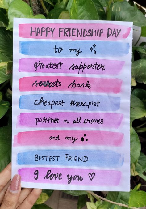 Friendship day card handmade Friendship Day Cards Quotes, Friendship Notes Bff, Diy Gift For Friendship Day, Handmade Friendship Day Gifts, Happy Friendship Day Asthetics, Friendship Day Handmade Cards, Friendship Day Gift For Best Friend, Bday Notes For Best Friend, Happy Friendship Day Gift