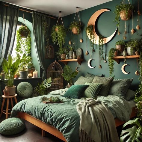 Whimsigoth Library, Dark Green Bedroom Aesthetic, Green Whimsigoth, Haven Bedroom, Whimsigoth Bedroom, Whimsigoth Art, Dark Green Rooms, Moon Room, Moody Bedroom Ideas