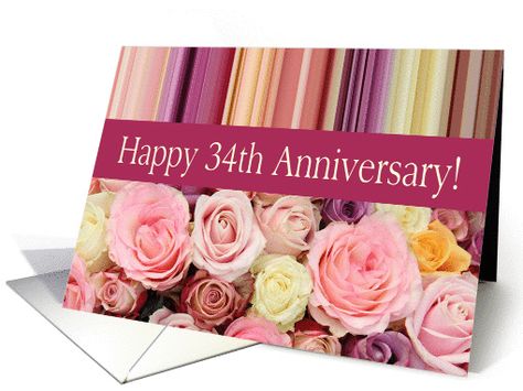 34th Wedding Anniversary Card - Pastel roses and stripes card 46th Wedding Anniversary, 37th Wedding Anniversary, 41st Wedding Anniversary, 17th Wedding Anniversary, 24th Wedding Anniversary, 12th Wedding Anniversary, 21st Wedding Anniversary, 11th Wedding Anniversary, 9th Wedding Anniversary