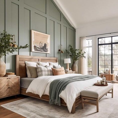 Sage Bedroom Feature Wall, Bedroom Green Neutral, Sage Green And Oak Bedroom, Green Primary Bedroom Ideas, Wooden Bed Bedroom Ideas, Pale Green Bedroom Ideas, Master Bedrooms Colour Schemes, Green Blue Bedroom, Bedroom Colour Schemes Neutral