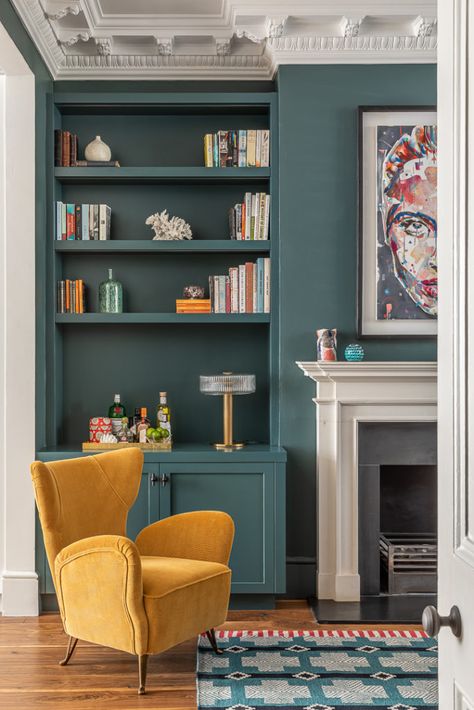 Farrow And Ball Living Room, Alcove Ideas Living Room, Alcove Shelves, Alcove Shelving, Inchyra Blue, Victorian Townhouse, Period Home, Shaker Style Kitchens, Brick Home