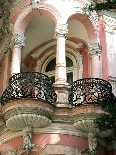 Pink Balconies Slovakia Southern Architecture, Lan Can, Pink Houses, Bratislava, Beautiful Architecture, Beautiful Buildings, Amazing Architecture, Victorian Homes, Art And Architecture