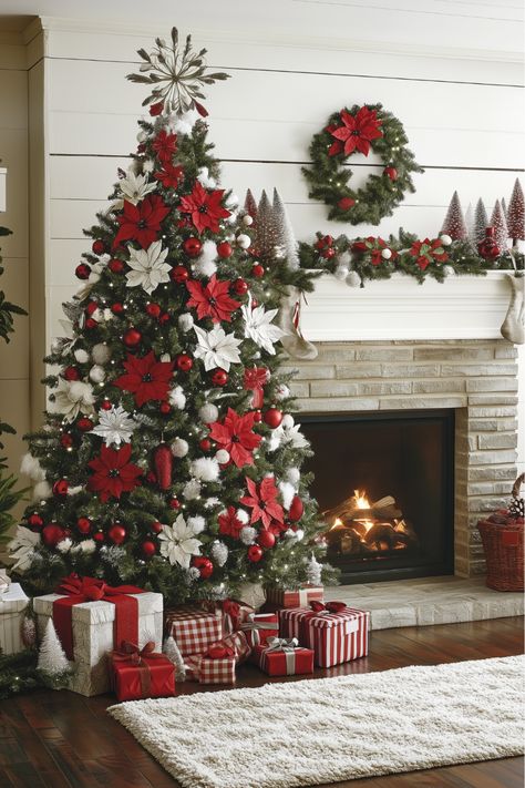 For a pop of tradition, a white Christmas tree decorated with red and white ornaments is both stylish and timeless. Think of red poinsettias, gingham patterns, and playful stripes—it’s festive and fun! How would this bold red and white combo look in your holiday setup? I’m loving this classic holiday cheer. White Christmas Tree Color Schemes, White Christmas Tree With Red, Red And White Decor, Christmas Tree Color Schemes, Red And White Ornaments, Christmas Tree Colour Scheme, Red And White Christmas Tree, The Perfect Christmas Tree, Christmas Tree Decorated