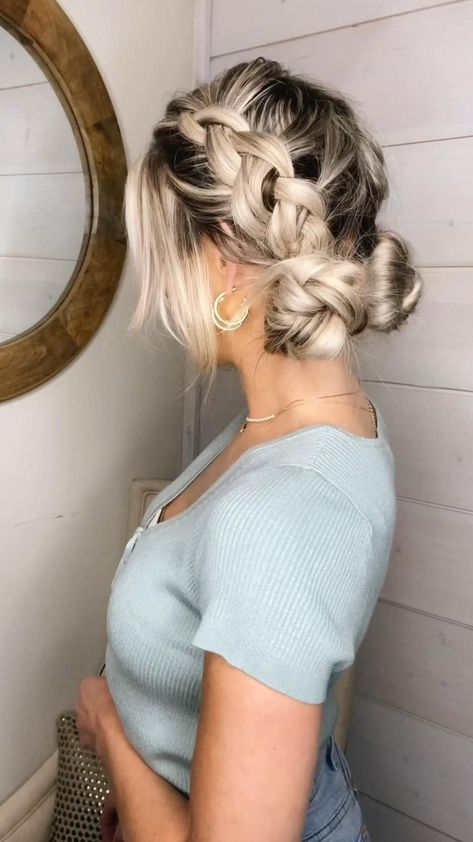 Braided pigtail buns #hairstyle #hairstyles #haircolor Leggings Photoshoot, Hairstyles For Volleyball, Beginner Hairstyles, Color Guard Makeup, Pigtail Buns, Piggy Tails, Hoco Hair Ideas Ponytail, Hoco Hair Ideas Updo Hairstyle, Hoco Hair Ideas Short