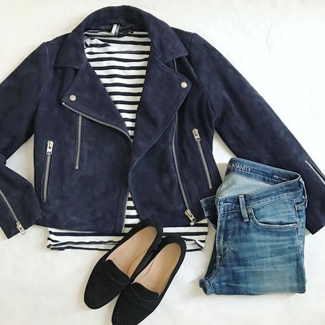 Navy Jacket Outfit, Suede Jacket Outfit, Moto Jacket Outfit, Parisian Wardrobe, Western Michigan, Daily Outfit Inspiration, Instagram Style, Navy Jacket, Jacket Outfit