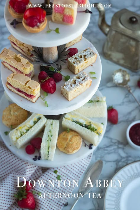 A wonderful afternoon tea spread inspired by the movie and television series, Downton Abbey.  The recipes are released in parts and the first on the list are two types of tea sandwiches.  Butter and sliced cucumbers and egg and cress sandwich, simple and light sandwiches that are perfect for this amazing spread. #DowntonAbbey #AfternoonTea #Recipes Downton Abbey Food, Downton Abbey Recipes, Feast Of Starlight, Sandwiches Afternoon Tea, Light Sandwiches, Tea Time Recipes, Downton Abbey Party, Tea Party Sandwiches, Afternoon Tea Ideas