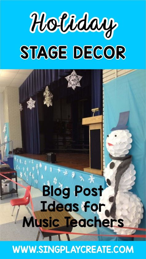 Get some innovative Holiday Music Concert and Classroom decor ideas for your holiday music concert in this blog post. Winter Concert Stage Decorations, Christmas Concert Stage Decor, Holiday Concert Decorations, Music Christmas Bulletin Board, School Christmas Program Decorations, Holiday Concert Ideas Elementary, Winter Concert Ideas Elementary, Preschool Concert Ideas, Winter Concert Decorations