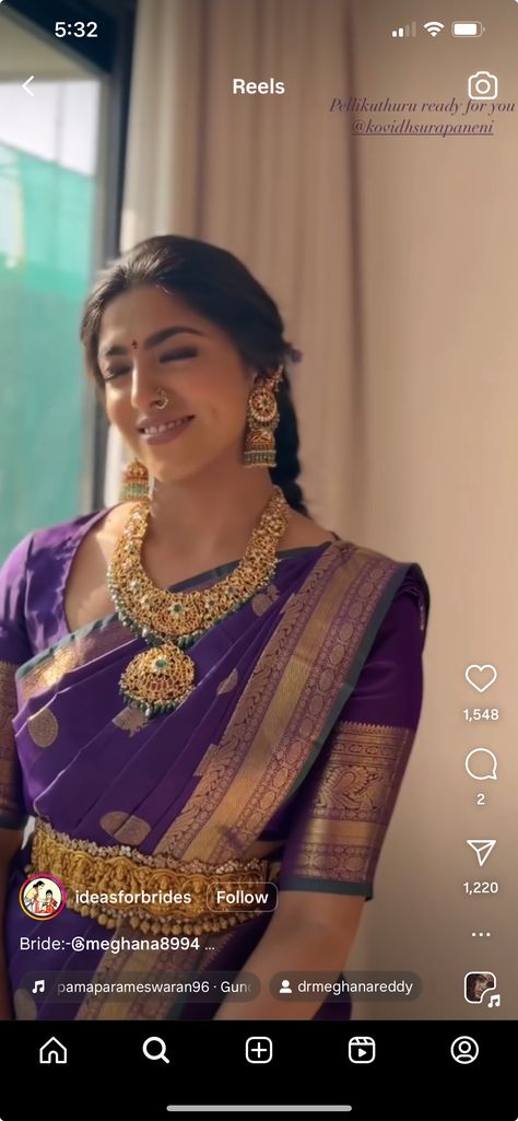 Purple Pattu Saree, Bridal Jhumkas, South Indian Bride Jewellery, Purple Sarees, Gold Vaddanam, Indian Brides Jewelry, Saree Ideas, Bridal Sarees South Indian, Neck Pieces Jewelry