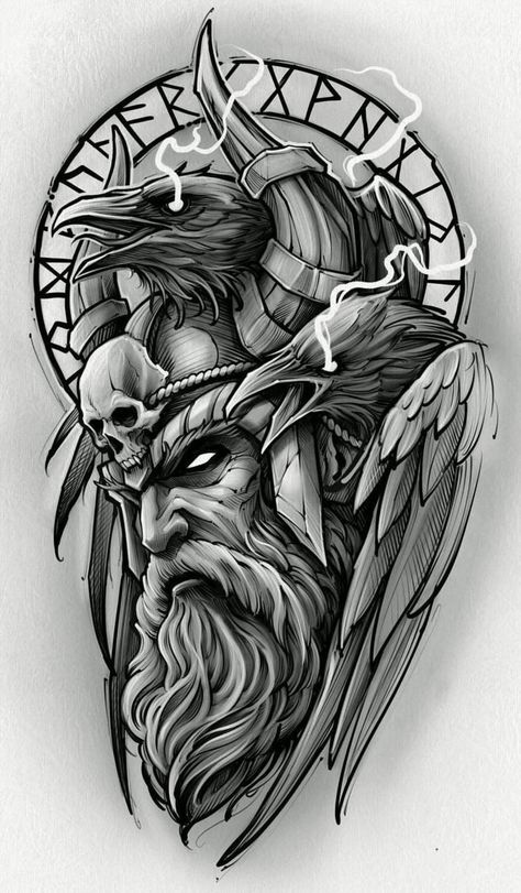 Norse Mythology Drawing, Hades Tattoo Design, Zues Tattoo Mythology, Odin Tattoo Design, Odin Face, Odin Design, Tattoo Odin, Viking Drawings, Odin Tattoo