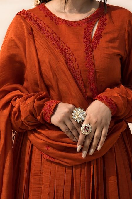 Buy Orange Mul Chanderi Gulmohar Full Sleeve Angrakha Anarkali Pant Set For Women by MITHI SUPARI Online at Aza Fashions. Angrakha Anarkali, Stylish Kurtis Design, Chanderi Dupatta, Simple Kurta Designs, Casual Indian Fashion, Salwar Kamiz, Traditional Indian Outfits, Dress Design Patterns, Kurti Neck Designs