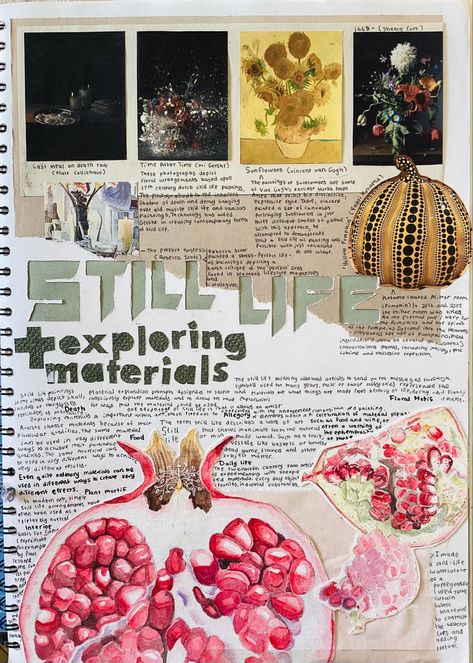 Cool Gcse Art Pages, Visual Art Portfolio Layout, Still Life Gcse Sketchbook, Still Life Sketchbook Pages, A Level Graphics Sketchbook Layout, A Level Art Sketchbook Nature, A Level Art Sketchbook Backgrounds, Gcse Art Book Layout Ideas, Visual Art Diary Inspiration