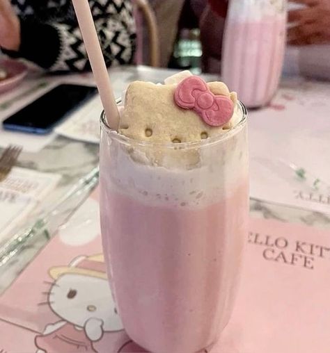 ,🎀…,:’:, 　　,\’ ・ω・ ‘:/,　 　　;:　　　 　:; 　　゛’ー—‐’” Hello Kitty Drink, Kitty Drink, Hello Kitty And Her Friends, Kitty Cafe, Charmmy Kitty, Kawaii Cooking, Cute Snacks, Pink Foods, Pretty Drinks