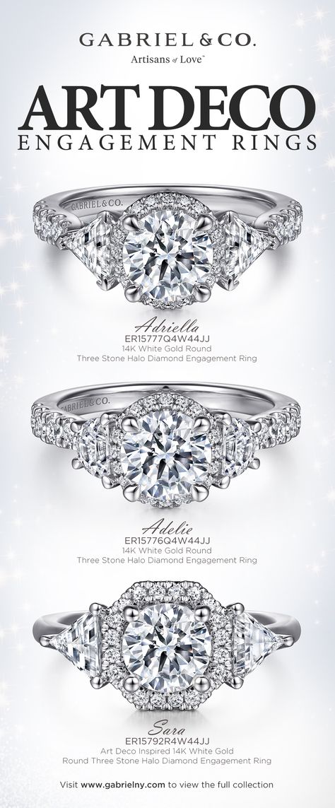 Each one of our vintage-inspired engagement rings is an heirloom-quality piece that can be passed down for generations to come. Intricately handcrafted details like milgrain edges, delicate scrollwork and graceful engraving give these styles that coveted old-world aesthetic. Though they’re not yet decades old, these vintage inspired engagement rings have a uniquely elegant one-of-a-kind feel. Stylrs: ER15777Q4W44JJ_ER15776Q4W44JJ_ER15792R4W44JJ Classy Rings, Deco Engagement Rings, Art Deco Engagement Rings, Halo Engagement Ring Set, Gabriel Jewelry, Halo Ring Setting, Wedding Notebook, Vintage Inspired Engagement Rings, Halo Engagement Ring Sets