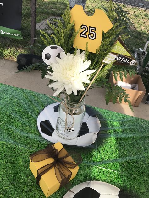 Soccer Graduation Party Ideas, Soccer Banquet Centerpieces, Senior Night Gift Ideas Soccer, Soccer Banquet Gifts, Soccer Senior Night Ideas, Senior Night Gifts Soccer, Soccer Senior Night Gifts, Senior Soccer Night, Senior Day Ideas