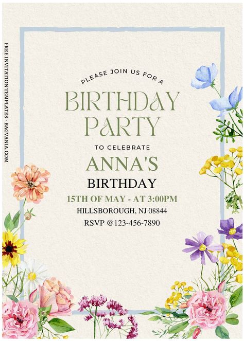 Birthday Invitation Cards, Garden Party Invitations, Floral Birthday Invitations, Floral Birthday Party, Floral Invitations Template, Bday Invitations, Garden Party Birthday, Printable Invitation Templates, Disney Invitations