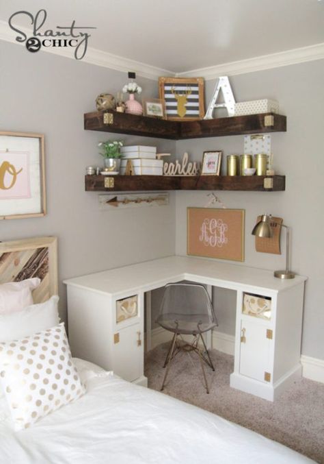 13 Mind Blowing Small Bedroom Storage Ideas For Small Apartments Diy Corner Desk, Corner Drawers, Diy Desk Plans, Desk Corner, Small Bedroom Storage, White Desk, Girl Bedroom Designs, Small Room Design, Teen Room Decor