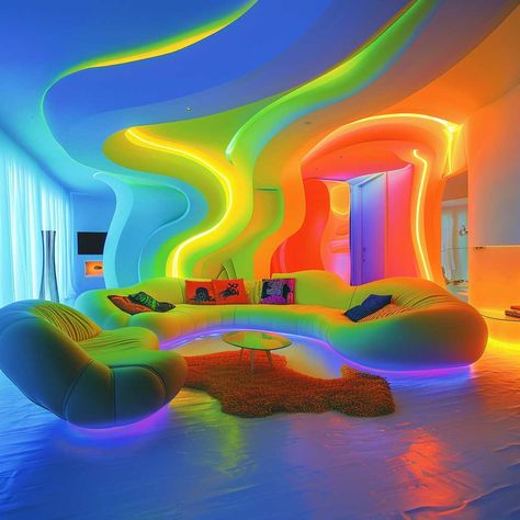 Bold and Bright Contemporary Room Design and Painting Innovations • 333+ Art Images Creative Lounge Ideas, Fun House Aesthetic, Funky Architecture Interiors, Weird Living Room, Mens Wall Decor, Contemporary Room Design, Neon Furniture, Home Decor Mid Century Modern, Home Decor Mid Century