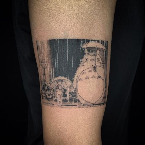 Studio Ghibli Panel Tattoo, Totoro Tattoos, Anime Panel Tattoo, Panel Tattoos, My Neighbor Totoro Tattoo, Scene Tattoos, Anime Tattoo Artist, Miyazaki Tattoo, Totoro Tattoo