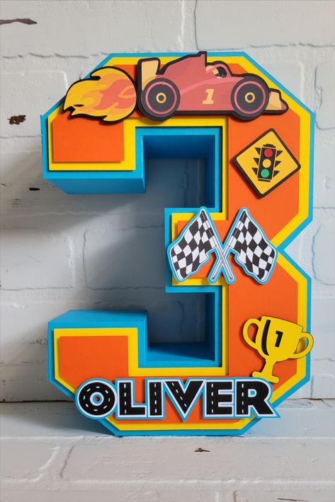 3D Birthday number is made with premium cardstock as shown or to your custom specifications.  Includes car and racing decals in addition to the racetrack name.  Can be made in any number, including double digits. 
Super cute for birthday parties or table centerpieces. Lamborghini Birthday, Paw Patrol Party Favors, Racing Decals, Cars Birthday Party Decorations, Car Birthday Party, Race Car Themes, Birthday Centerpiece, Disney Cars Birthday, 30th Birthday Decorations