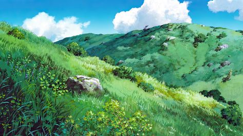 Wallpaper : Princess Mononoke, animated movies, anime, animation, film stills, Studio Ghibli, Hayao Miyazaki, field, mountains, flowers, grass, nature, hills, sky, clouds, Bushes, rocks 1920x1080 - baowulf - 2240142 - HD Wallpapers - WallHere Studio Ghibli Screencaps Landscape, Gouche Illustration, Ghibli Environment, Studio Ghibli Scenery Landscape, Princess Mononoke Wallpaper, Studio Ghibli Background, Bg Design, Ghibli Artwork, Wallpaper Green