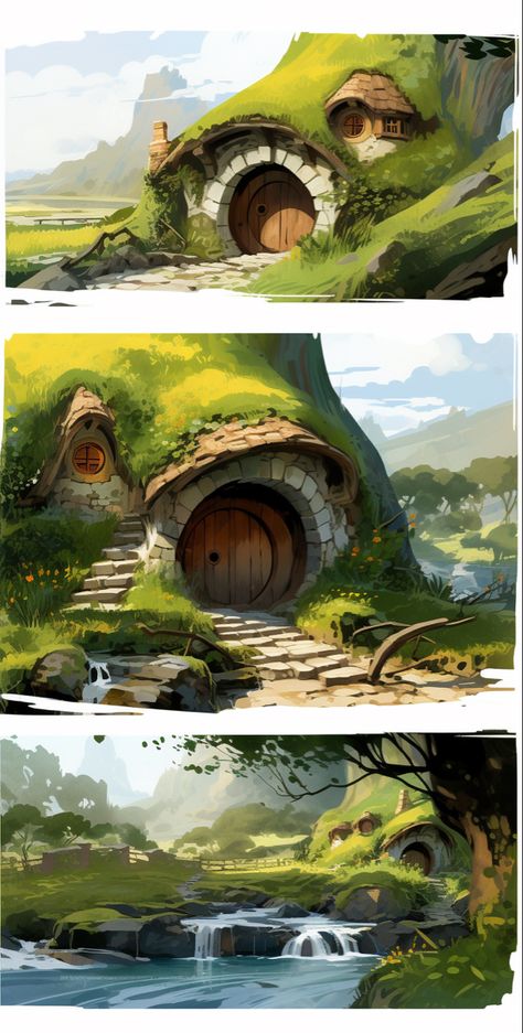 Cottage House Concept Art, The Lord Of The Rings Painting, Hobbit House Concept Art, Hobbit House Illustration, The Hobbit Concept Art, Small House Concept Art, Hobbit House Art, Fantasy House Illustration, Hobit Houses Aesthetic