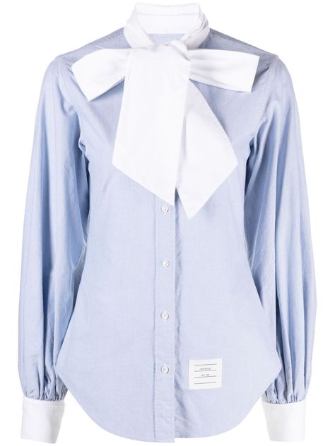 light blue/white cotton oversize bow detail logo tag front button placket long sleeves contrasting buttoned cuffs curved hem Thom Browne Shirt, Christian Dior Haute Couture, Girly Shoes, Airport Fashion, Designer Shirts, Logo Tag, Shirts For Women, Thom Browne, Bow Detail