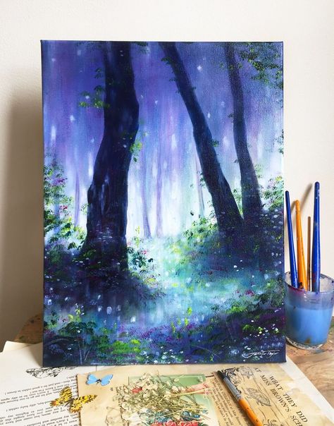 Acrylic Painting Canvas Easy, Imaginary Painting, Painting Canvas Easy, Woodland Painting, Colourful Palette, Enchanting Forest, Simple Wall Art, Easy Canvas Art, Forest Painting