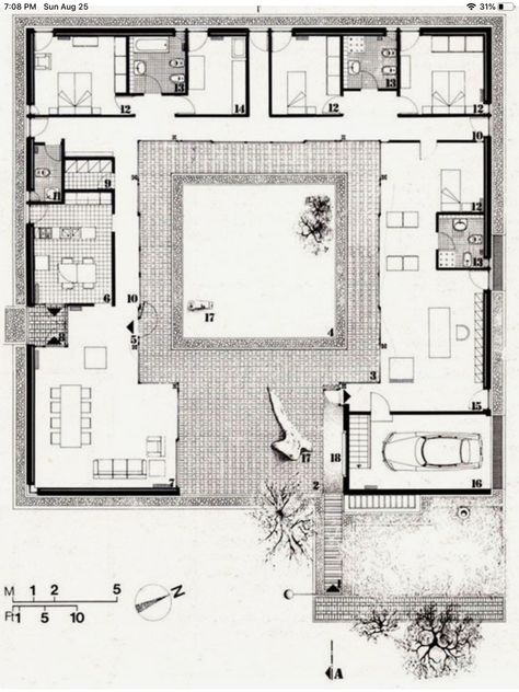 Atrium House, Courtyard House Plans, Architectural Floor Plans, Home Design Floor Plans, Casas Coloniales, House Layout Plans, Village House Design, Courtyard House, Sims House