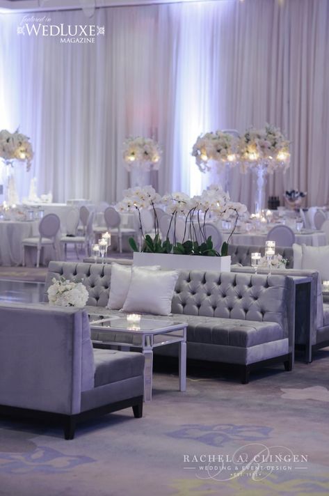 White And Silver Wedding Decorations, Reception Lounge Seating, Silver Wedding Decor, Silver Wedding Reception, Silver And White Wedding, Wedding Lounge Area, Lounge Wedding, Grey Wedding Theme, Silver Wedding Theme