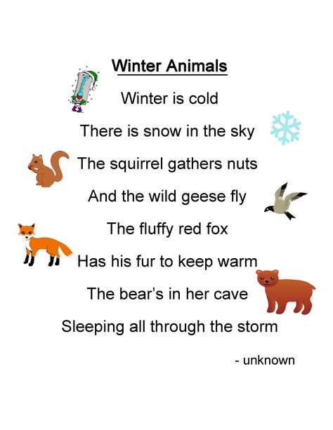 Hibernation Preschool, Preschool Friendship, Kindergarten Poems, Preschool Poems, Winter Lesson Plan, Animal Poems, Poems For Kids, Winter Poems, Animal Lessons