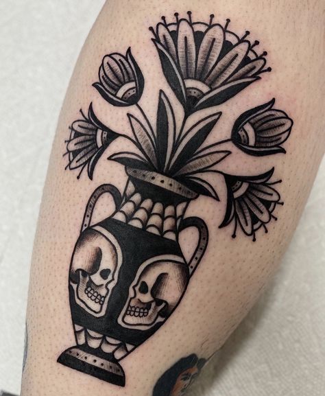 Traditional Style Leg Sleeve, Inner Forearm Tattoo Traditional, Black And White American Traditional Flower, Traditional Tattoo Vase Flowers, American Traditional Flower Pot Tattoo, Trad Elbow Tatt, Black Patch Work Tattoo, Wrap Around Wrist Tattoos Traditional, Balance And Composure Tattoo