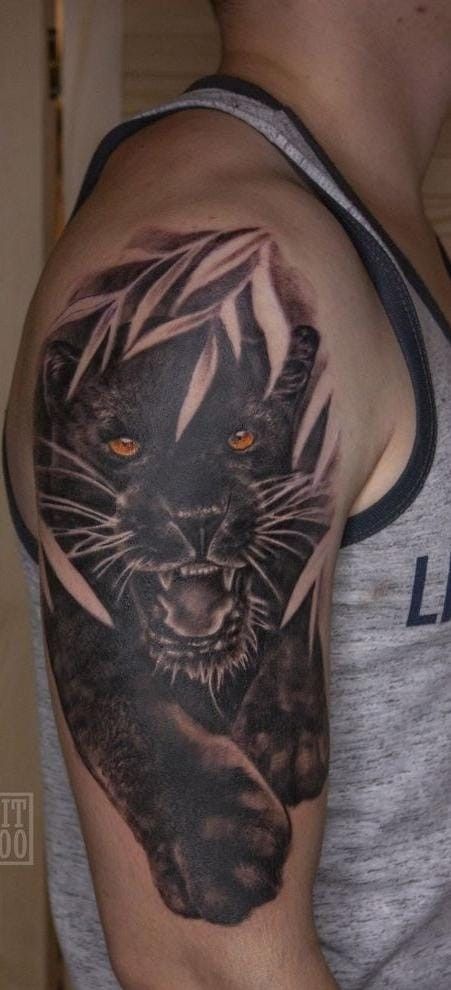 Black Panther Realistic Tattoo, Black Panther Sleeve Tattoo, Realistic Black Panther Tattoo, Panther Sleeve Tattoo, Black Panther Animal Tattoo, Panther Shoulder Tattoo, Panther Tattoo Men, Panther Tattoo Realistic, Black Jaguar Tattoo